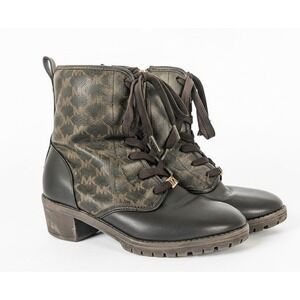 Michael Kors Womens MK Monogram Combat Boots Lace Up Side Zip Block Heel Brown